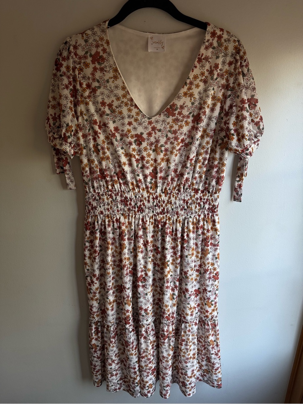 Floral Smocked Midi Dress in Cream with Rust & Gold Flowers